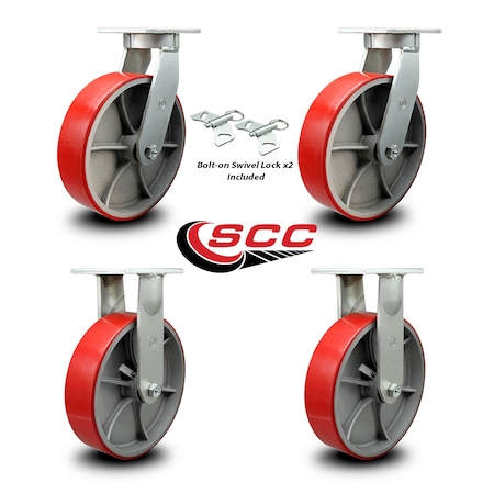 Service Caster 12 Inch Heavy Duty Red Poly on Cast Iron Caster Swivel Locks 2 Rigid SCC, 2PK SCC-KP92S1230-PUR-RS-BSL-2-R-2